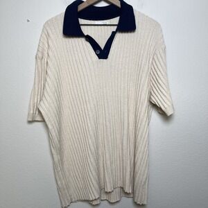 Zara Men Constrasting Knit Polo Shirt Large Cream Navy Blue Preppy Academia